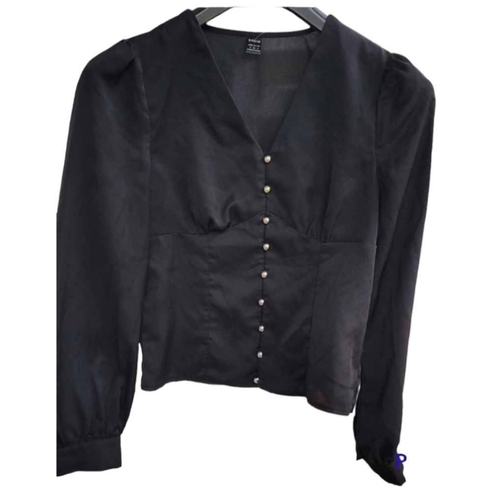 Shein Vneck Corset-Look Blouse with Gold Button Long Sleeve Size 4 Black